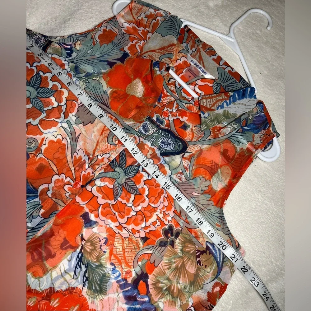 Peter Nygard Orange and Blue‎ Floral Tunic Dress Sz 14 semi-sheer, sleeveless
